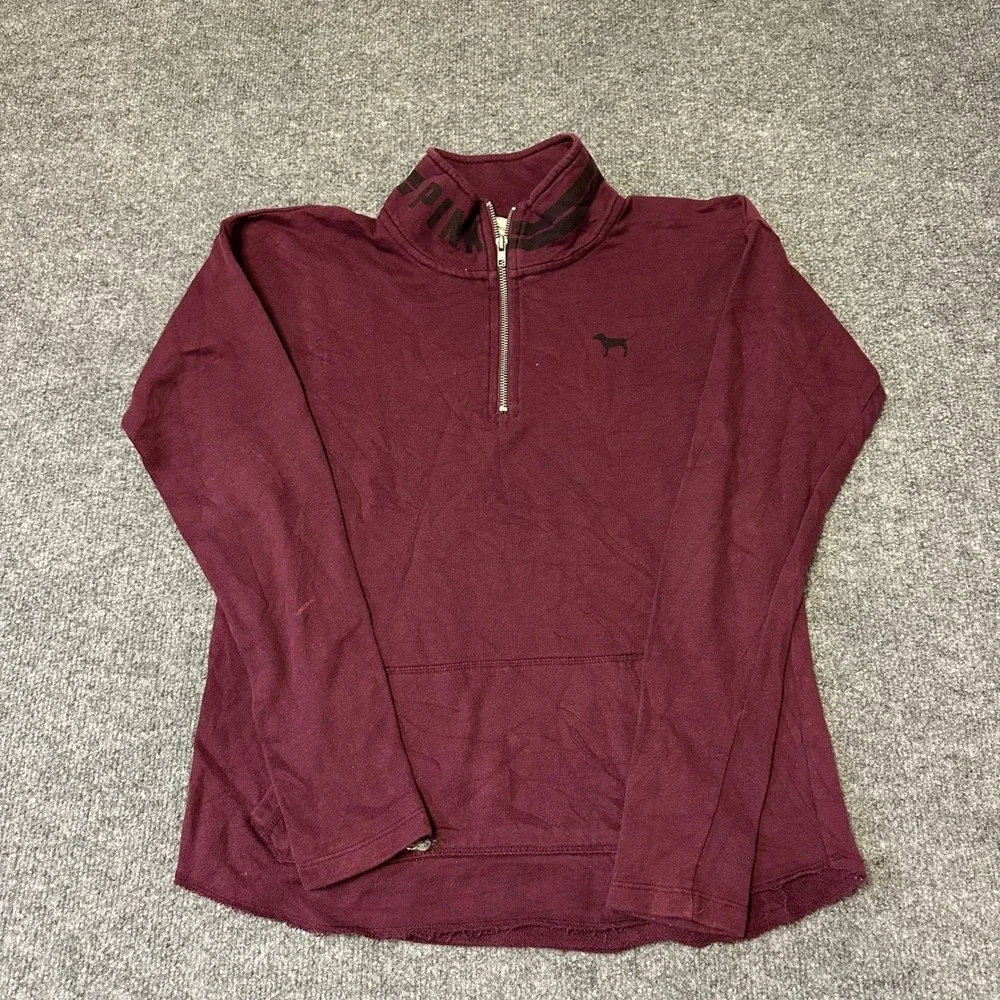 Pink Pullover Womens Size XS Maroon Burgundy Quarter Zip Raw Hem Logo Athleisure